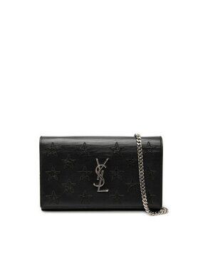 Saint Laurent Star YSL Logo Chain Shoulder Bag Wallet Black Leather